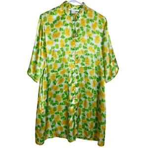 VTG Private Luxuries Natori Nightgown Floral Satin Zip Front Lounge Yellow Green